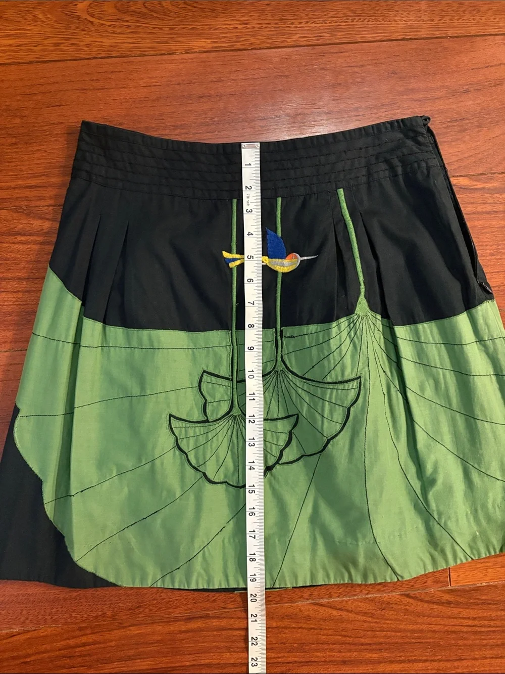 Black and Green A-Line Skirt with Embroidered Bird Detail